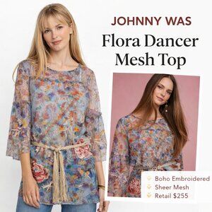 Johnny Was Flora Dancer Mesh Top w/ Blue Camisole Sheer Embroidered Boho Tunic M